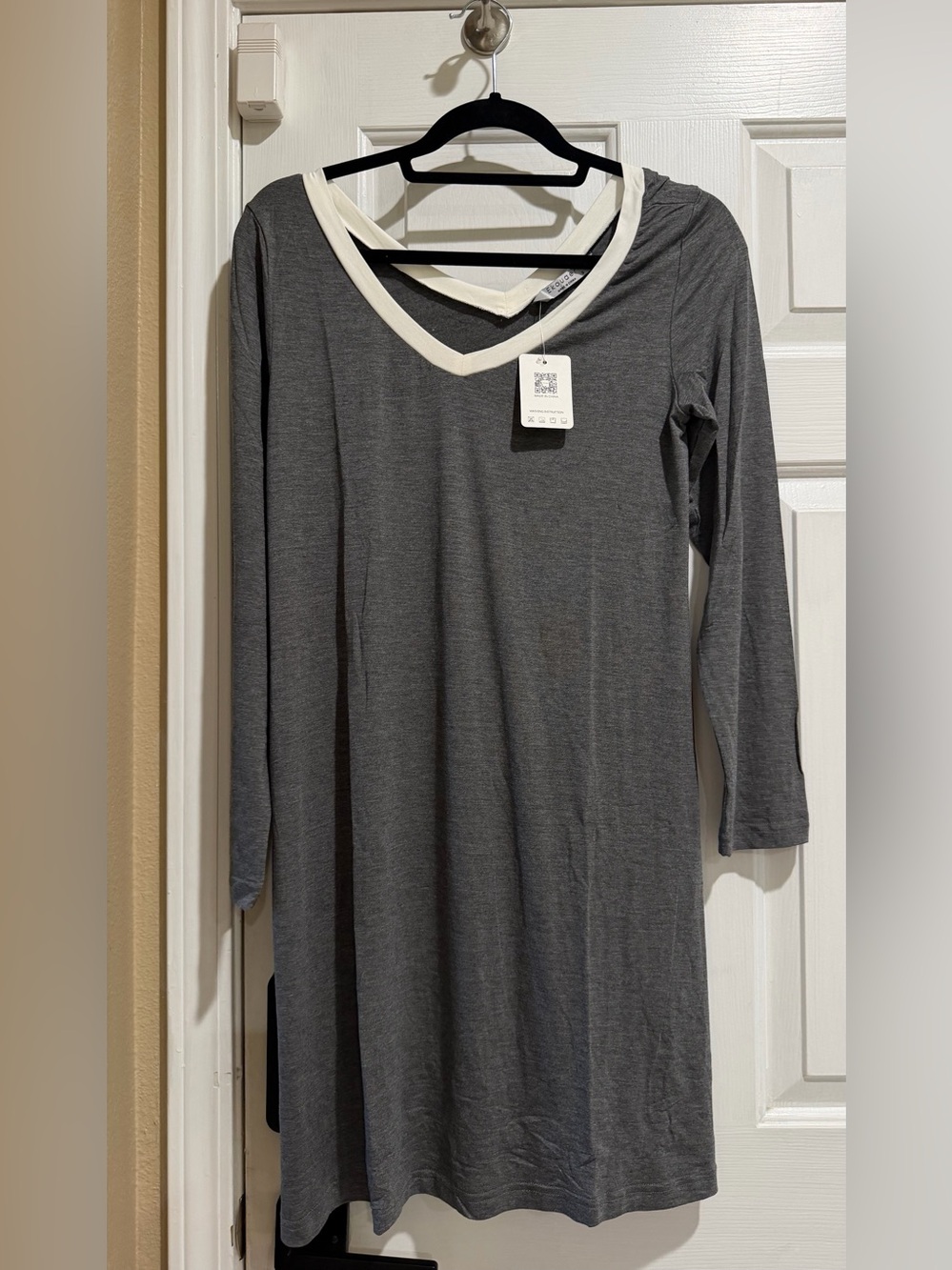 Grey Long Sleeve V-Neck Dress with Cream Trim- Super soft